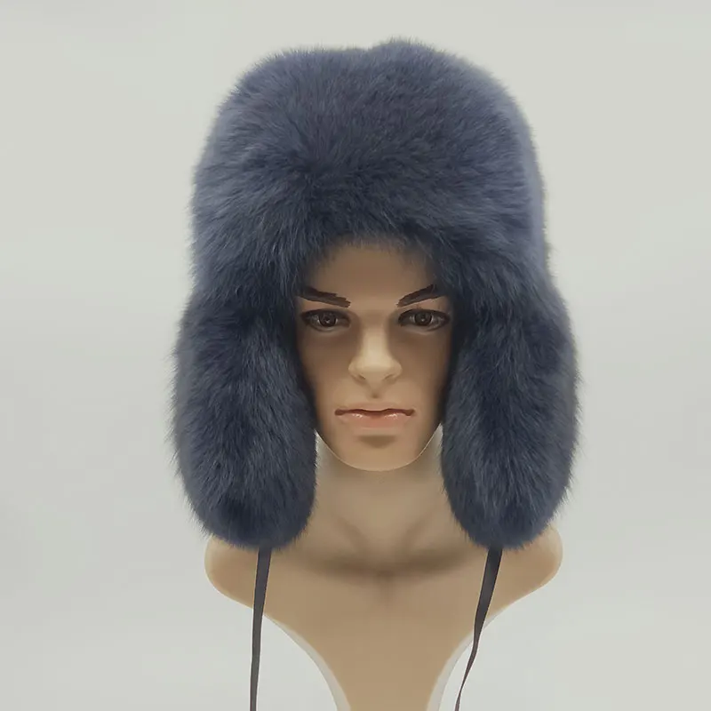 Warm Men Real Fox Raccoon Fur Cap Guarantee 100% Natural Genuine Fur Bomber Hats With Fur Ear Protection Winter Black Navy Cap
