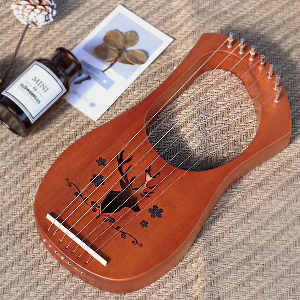 7 Strings Harp Lyre Strings Instrument Reindeer Pattern Mahogany Wood 7 Tone C Key Stringed Instruments for Music Lovers Gift