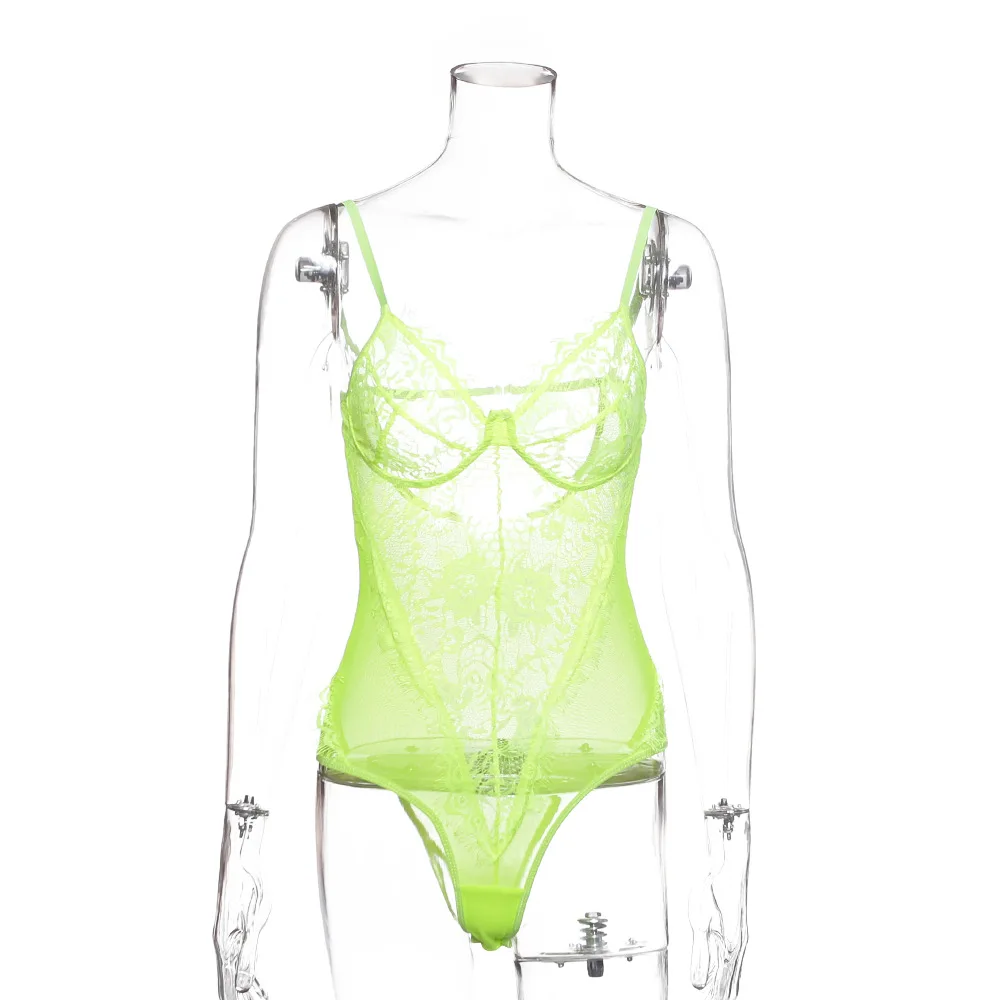 neon green Криптографическое сексуальное Прозрачное Кружевное боди для женщин, летний глубокий v-образный вырез, открытая спина, комбинезон из прозрачной сетки, боди с открытой промежностью - Цвет: neon green