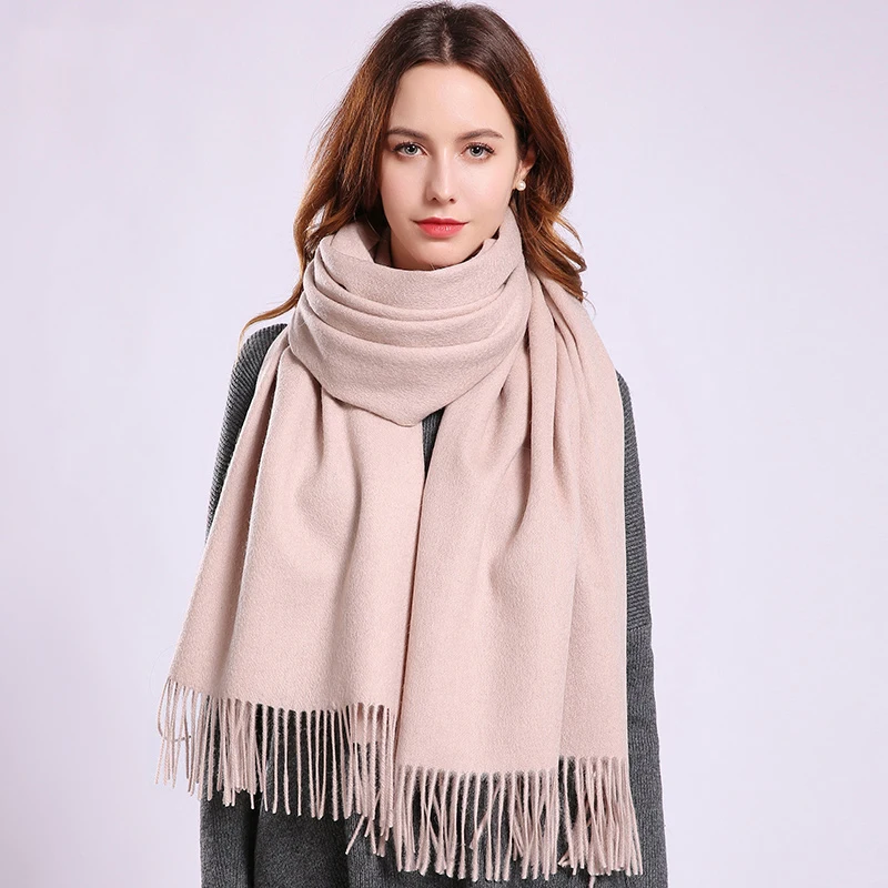 100% Шерстяной шарф для женщин Зимний обогревающий плащ Сплошной цвет Обернуть Pashmina Кашемир Эшарп Фемм Хивэр он.