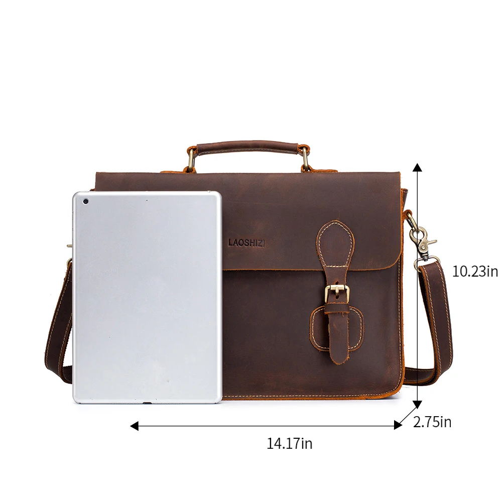 

LAOSHIZI LUOSEN Vintage Briefcase Large Capacity Genuine Leather Messenger Bag Crazy Horse Leather Bag