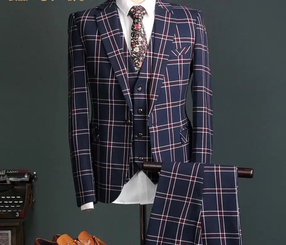 Custom Tweed Blue Plaid Men Slim Fit Suit Classic Style Groom Tuxedos men wedding suits 2017(jacket+pant+vest)terno de noivo