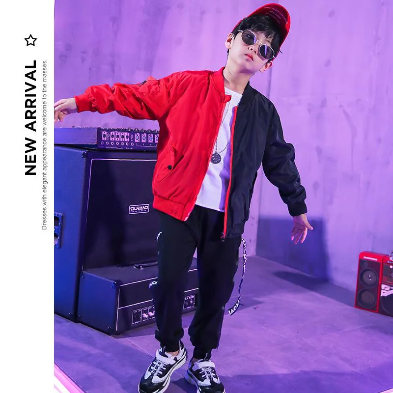 Детская одежда в стиле хип хоп цвет красный черный повседневная куртка топы