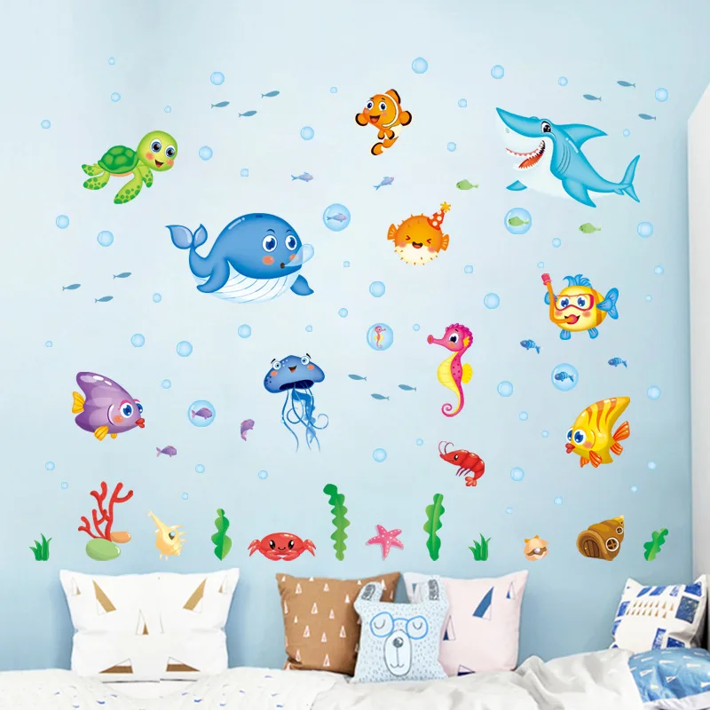 Sea World мультфильм настенный стикер рыбка ПВХ материал DIY настенные наклейки для