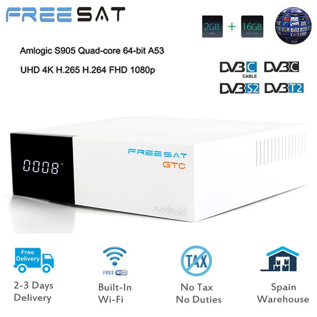 ONLY FREESAT GTC Freesat/GTmedia GTC спутниковый ресивер android 6,0 DVB-S2/T2/C ISDB-T поддержка 4 K/3D/H.265/MPEG-4 фильмы встроенный Wifi с IPTV - Цвет: ONLY FREESAT GTC