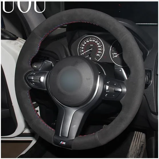 Чехол на руль Puou Tommia черный замшевый Синий Маркер для BMW F20 2012-2018 F45 2014-2018 F30 F31 F34