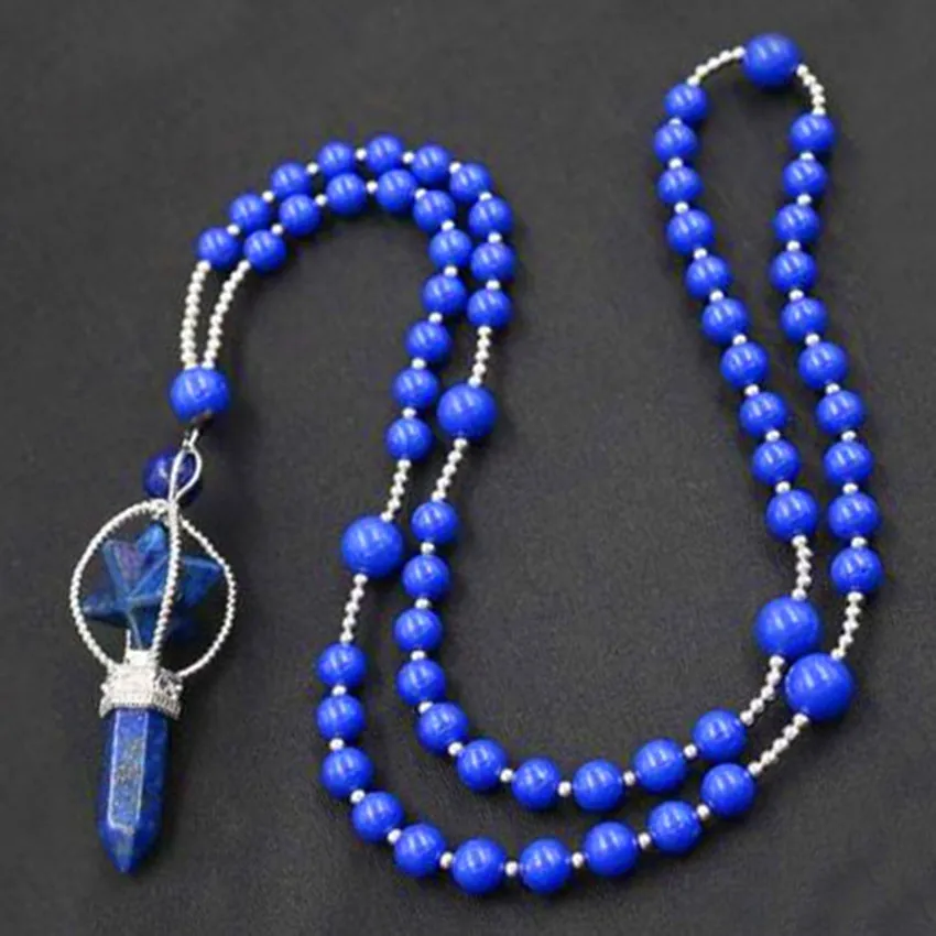 

Trendy-beads Unique Silver Plated Lapis Lazuli Hexagong MerKaBa Pendant Strand Beads Chain Necklace