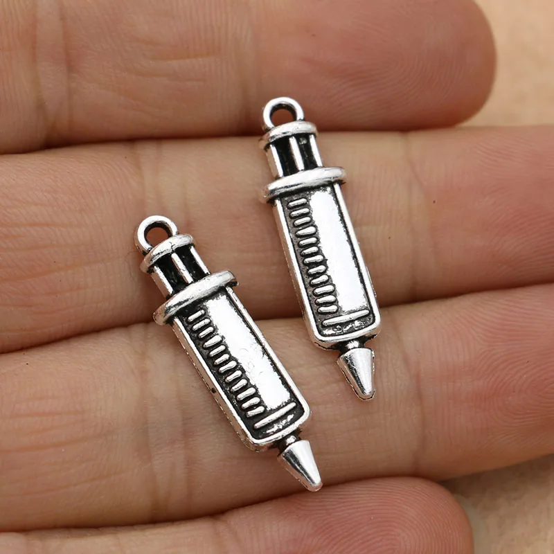 KJjewel Antique Silver Plated Syringe Injector Charms Pendants for Jewelry Making Bracelet Accessories Diy 27x8mm 10pcs/lot | Украшения и