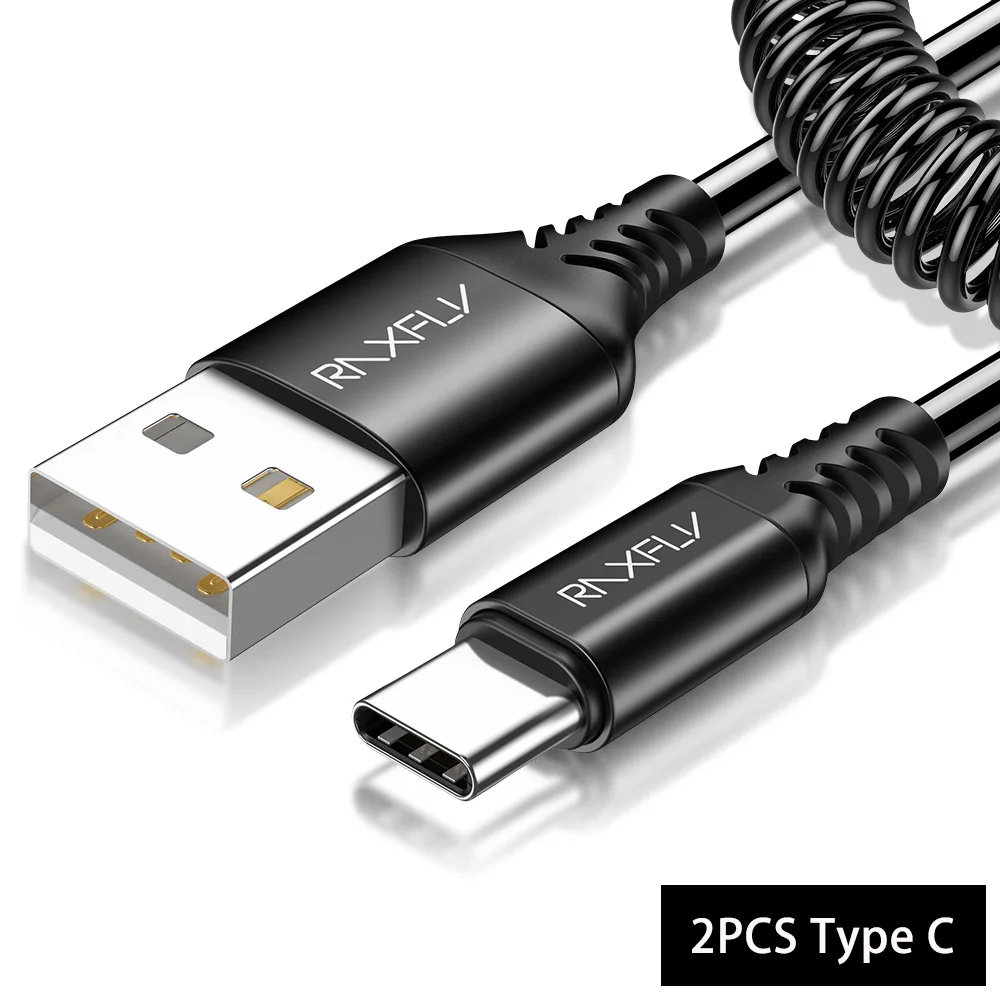 2PCS Type C RAXFLY пружинный USB кабель для iPhone XS XR USB кабель Type C Micro USB для samsung провод для Xiaomi для зарядки Lightning на USB кабель провод для зарядки провод для айфон провод для зарядки тип с - Цвет: 2PCS Type C