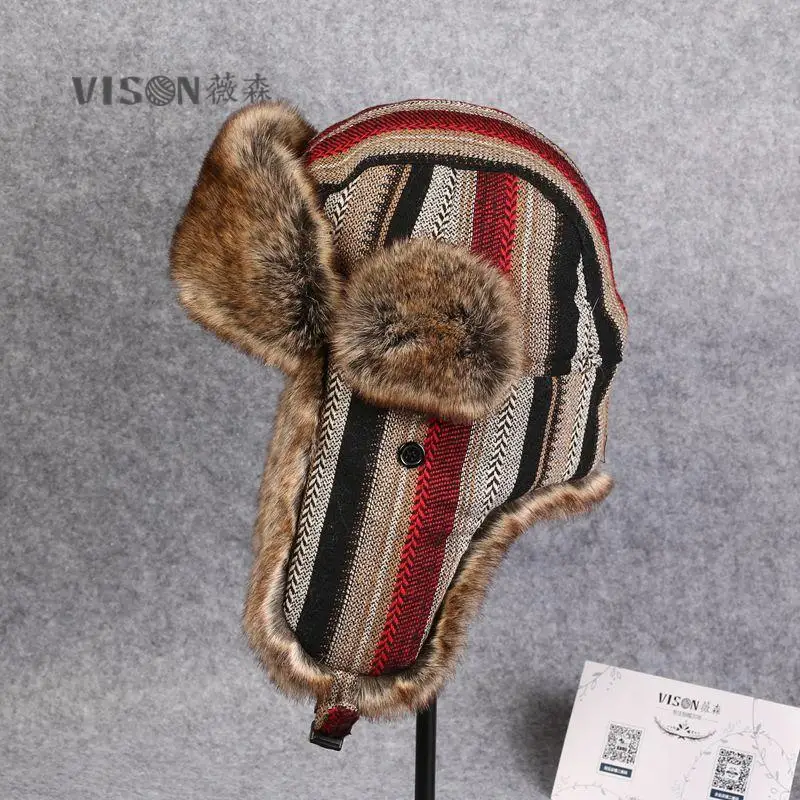 red black camel BUTTERMERE, зимняя шапка для женщин и мужчин, шапки-бомберы, полосатая меховая шапка-ушанка, шапка-ушанка, теплая ветрозащитная Толстая шапка-пилот - Цвет: red black camel