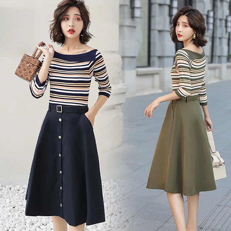 2018 autumn and winter new ladies dress striped slim knitting Shirt + A word two-piece Dress | Женская одежда