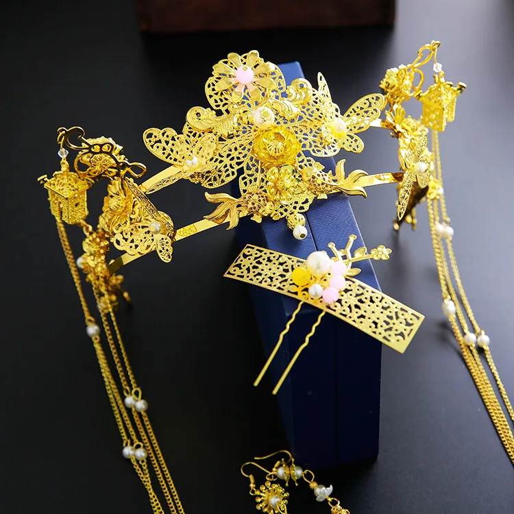 HIMSTORY Новый китайский классический головной убор для невесты женский золотистый