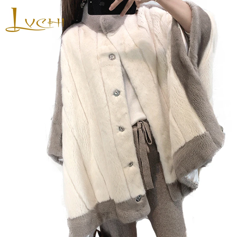 

LVCHI 2019 Winter Velvet Mink Fur Coat Real Fur cloak Coats Women Full Sleeve Mandarin Collar Medium Mink Fur Loss shawl Coats