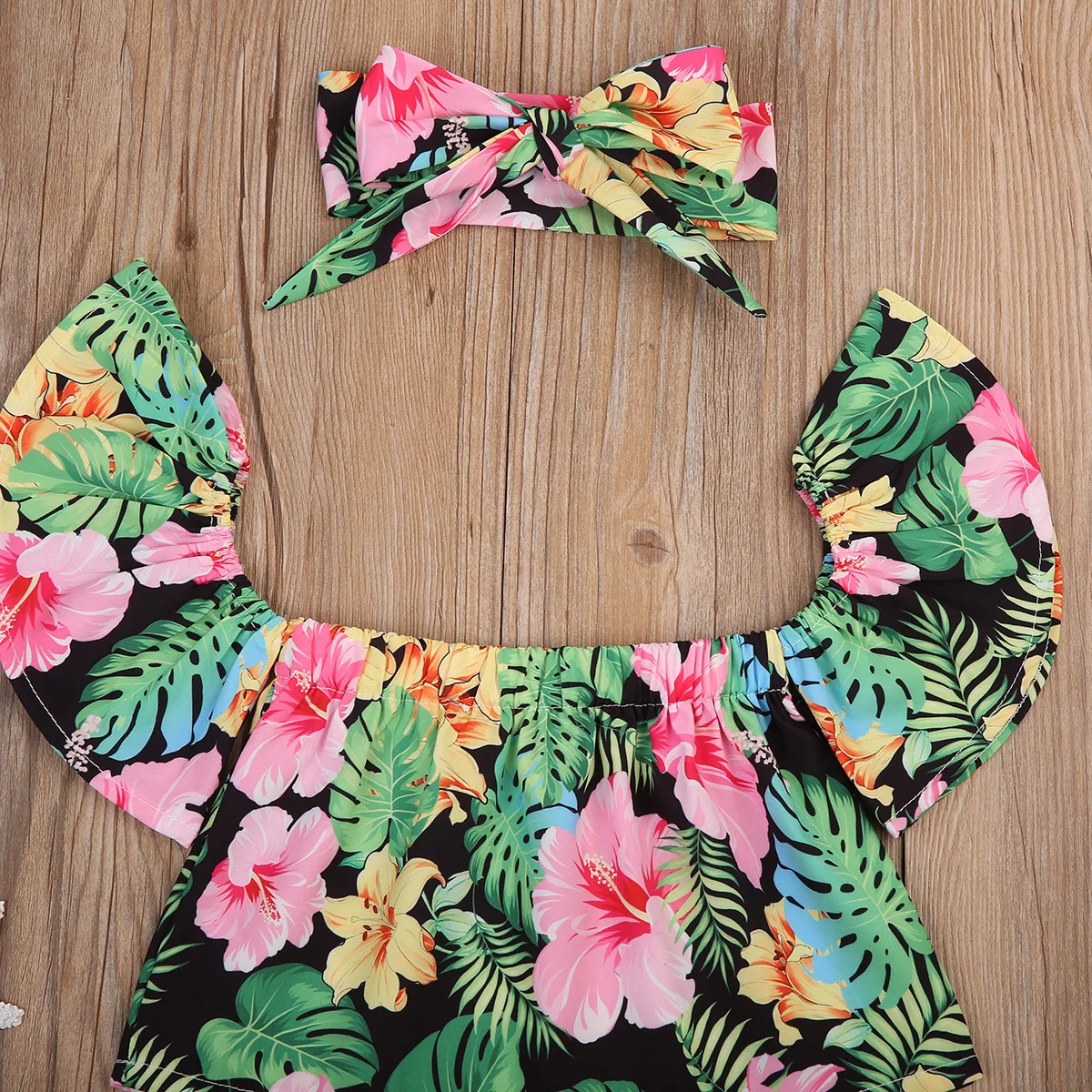 2017 Стильные топы с открытыми плечами для маленьких девочек зелеными листьями и