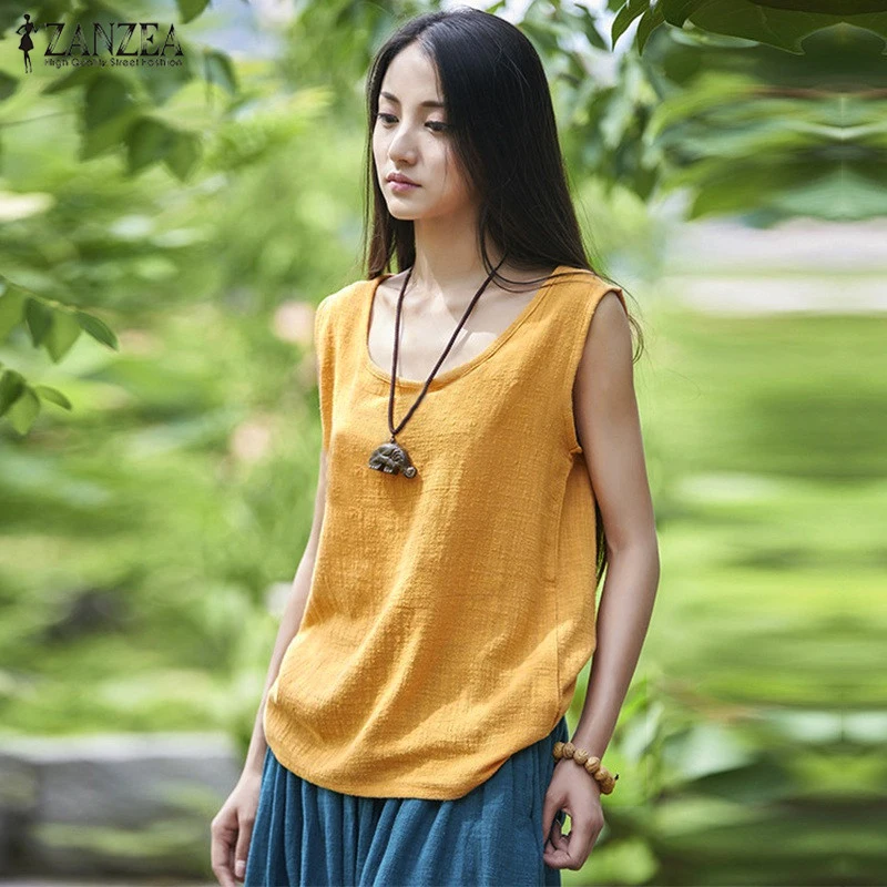Женская винтажная блузка ZANZEA без рукавов большого размера|blusas femininas|sleeveless blousecotton