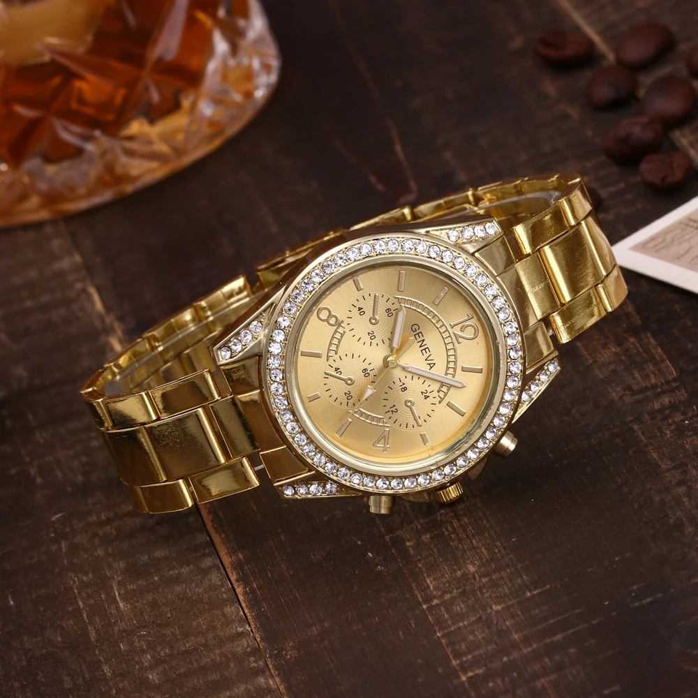 Женские кварцевые часы стразы цвета розового золота наручные из нержавеющей