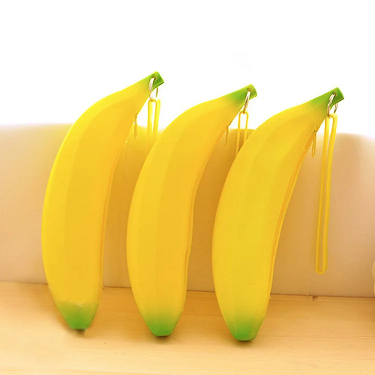 Novelty Yellow Banana Silicone Pencil Case Stationery Storage Bag dual Coin Purse Key Wallet Promotional Gift Stationery