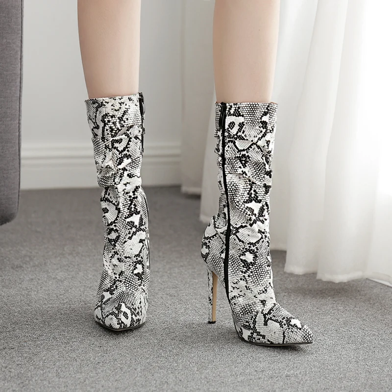 NIUFUNI 2021 Womens Winter Boots Sexy Snakeskin Pointed Thin High Heels Women Boots Lady Nightclub Shoes Zipper Botas Mujer