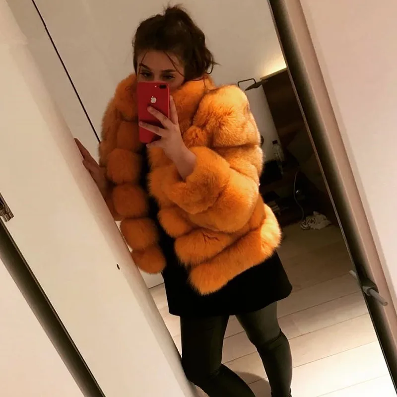 FURSARCAR Одежда высшего качества, пальто с натуральным мехом для Для женщин зимой толстые Меховая куртка с меховой воротник Новая мода Роскошные натуральным лисьим мехом Меховая куртка - Цвет: orange