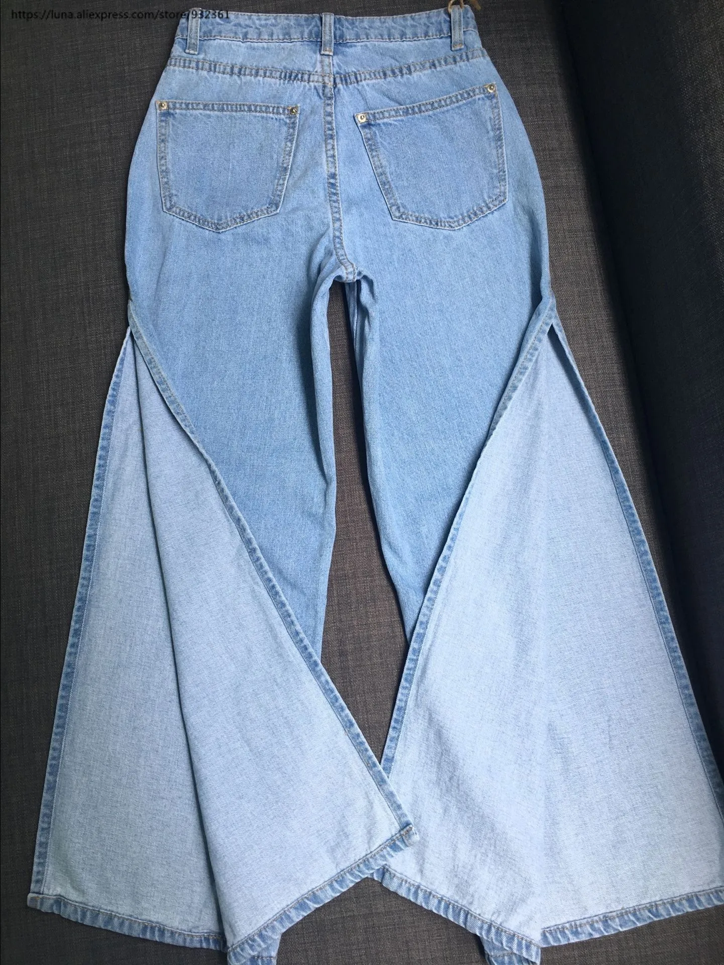 Europe America Fashion Women High waist double slit Jeans plus size Light Blue Wide Leg trousers Loose Pants | Женская одежда
