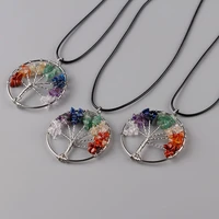 fashion natural rainbow stone tree of life quartz pendant necklaces women multicolor wisdom tree choker rope chain jewelry gift