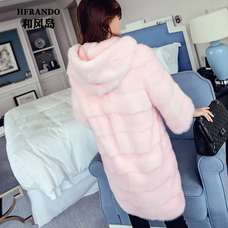 

High Quality Elegant Faux Fur Coats Women Winter Warm Hooded Soft Zipper Mink Fur Jacket Long Female Overcoat Plus Size 5XL W204