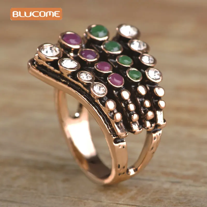 

Blucome Four Layer Turkish Rings For Women Colorful Resin Crystal Wide Ring Vintage Wedding Finger Jewelry Steampunk Anel Anillo
