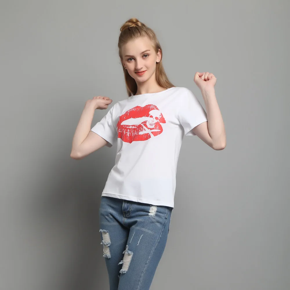 LUBI 2017 New Female Short-sleeved T-shirt for Women Lips Skull Prints Tee Shirt Summer Casual Slim Tops Tees | Женская одежда