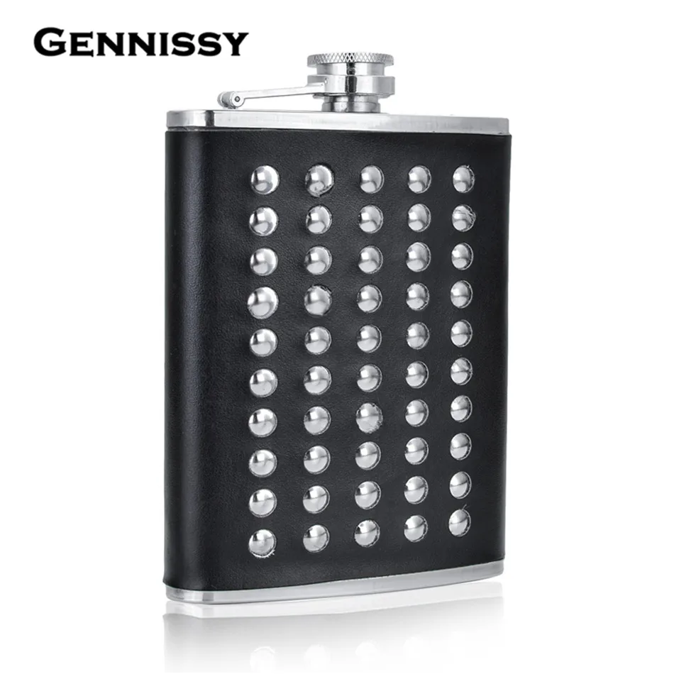 Personalized Alcohol Flask 8oz Studded Design PU Leather Stainless Steel Mini Hip Camp Outdoor Portable | Дом и сад