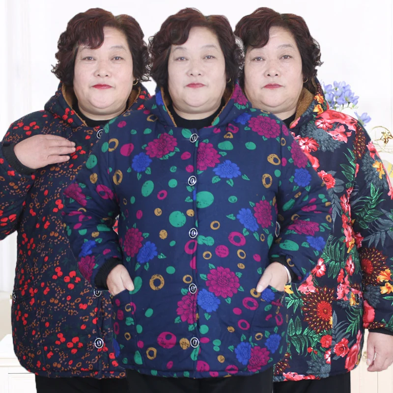 Плюс 5XL-9XL жира мать печати теплый с капюшоном хлопчатобумажное пальто среднего