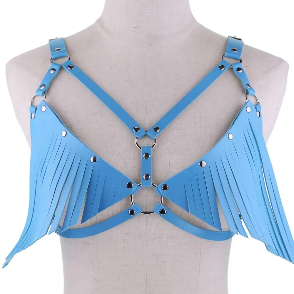 light blue Сексуальные женские бикини кожаные ремни для тела Бюстгальтер Панк Связывание кисточкой поясные ремни - Цвет: light blue