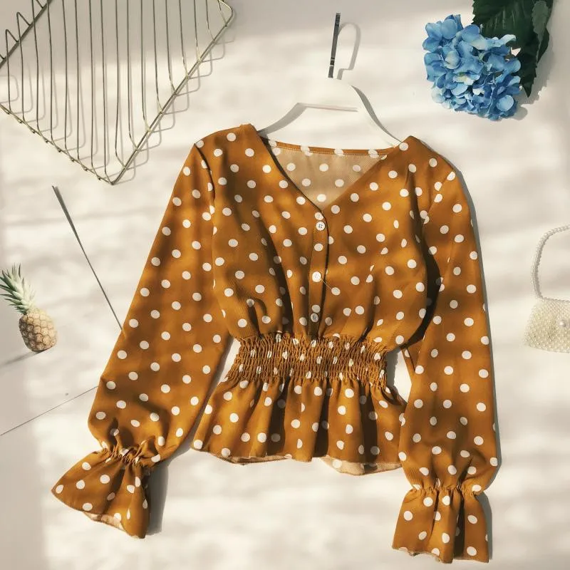 Весна Boho шикарные топы женские корейские элегантные шифоновые блузки с v-образным вырезом и длинным рукавом Розовые/черные рубашки в горошек Женские