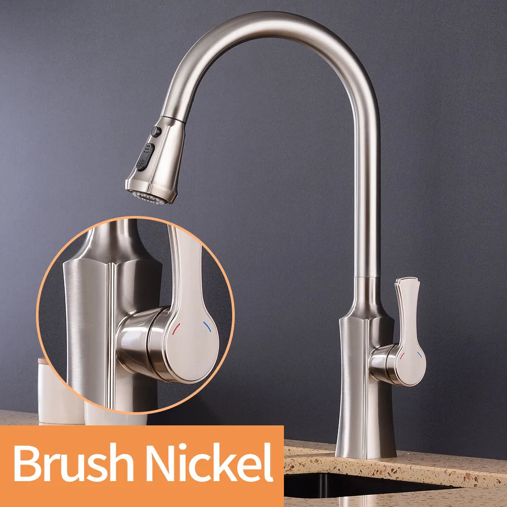 Brush Nickel Хромированный кухонный кран, вращающийся смеситель, поворотный выдвижной прочный распылитель для раковины на одно отверстие, смеситель для раковины - Цвет: Brush Nickel