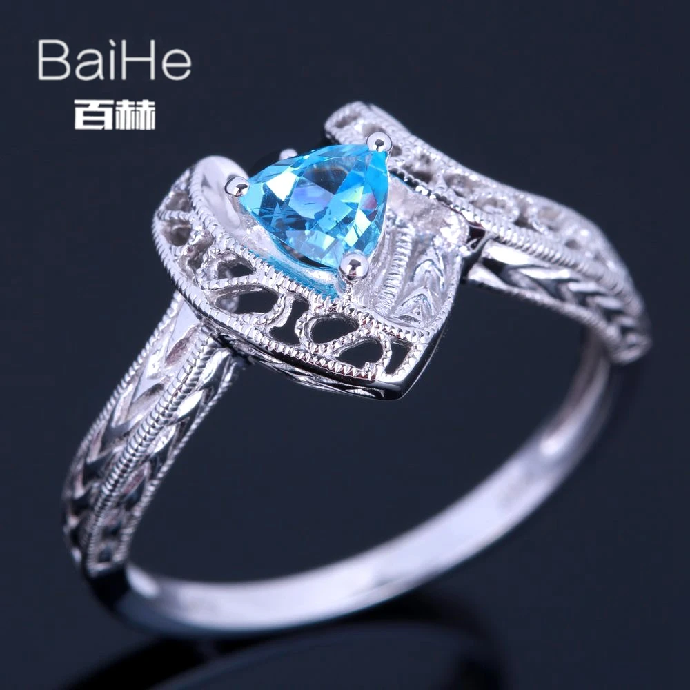 BAIHE Solid 14K белое золото 1CT голубой топаз/безупречный триллион свадебные женские