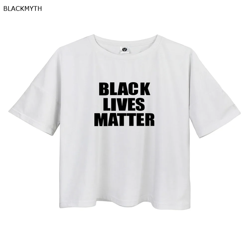 BLACKMYTH черная Жизнь Материя Лето круглый воротник укороченная футболка женская