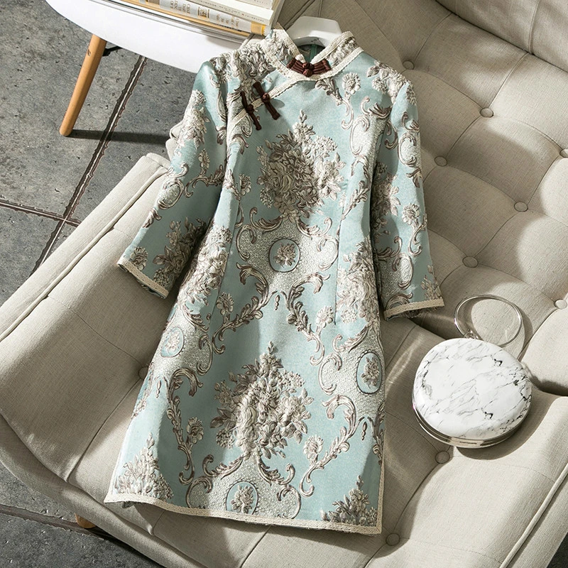 Золотое, розовое традиционное китайское платье, Mujer Vestido, женское атласное платье Ципао, мини чонсам, с вышивкой, phix, Цветочное платье размера плюс