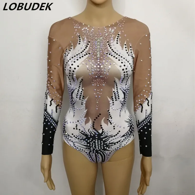 Multicolor Rhinestones Leotard Bodysuit Sexy Long Sleeve Crystals Bodysuits Nightclub DJ DS Stage Wear Women Stage Dance Costume