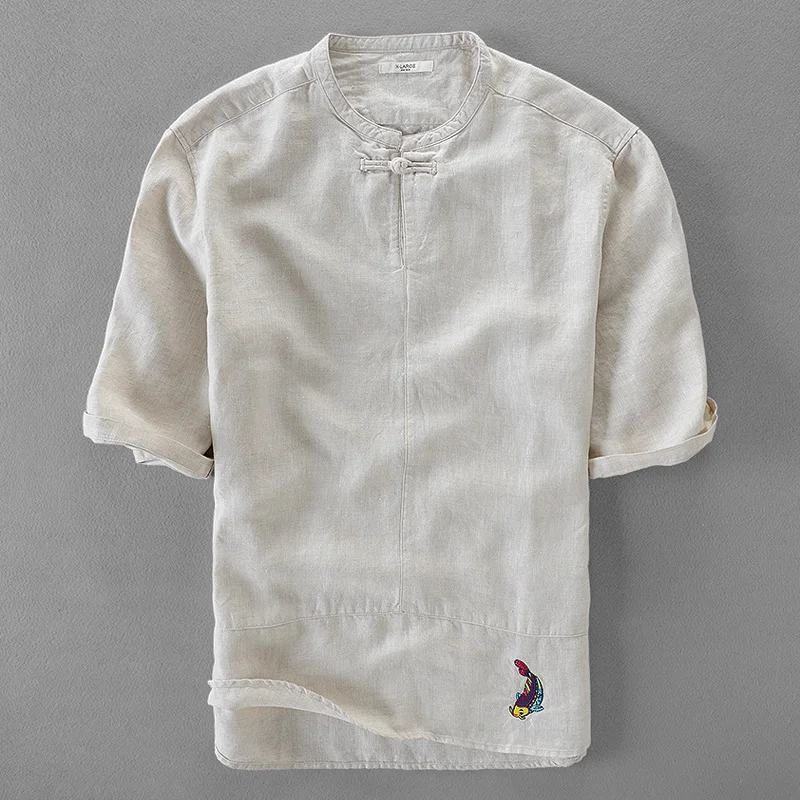 

Unique Designer shirt men pure linen men shirts 100% flax male shirt short sleeve embroidery shirts man brand clothing camisa