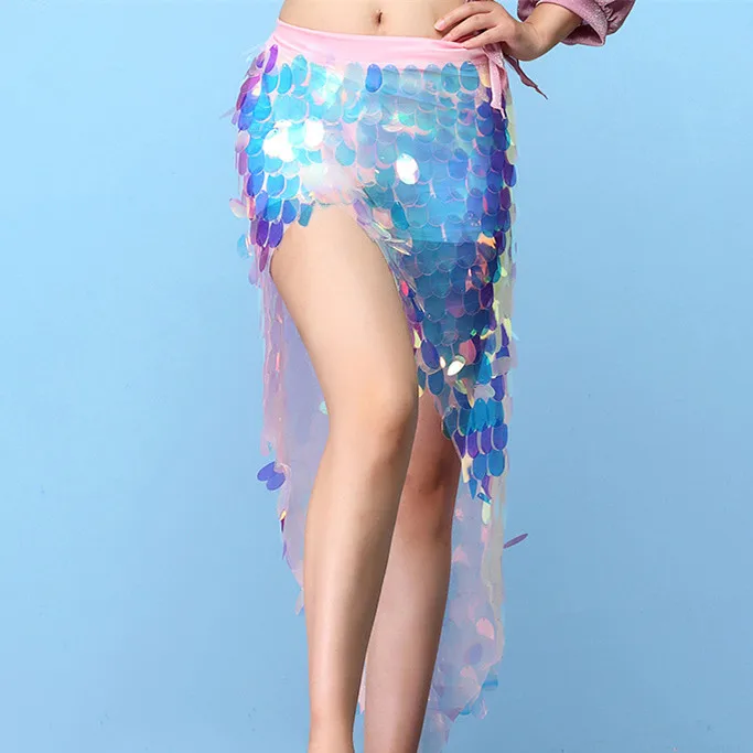 pink multicolor Новая модная женская танцевальная одежда, разноцветная юбка с блестками, Регулируемый шарф для танца живота на бедрах, Русалка сквама(с шортами - Цвет: pink multicolor