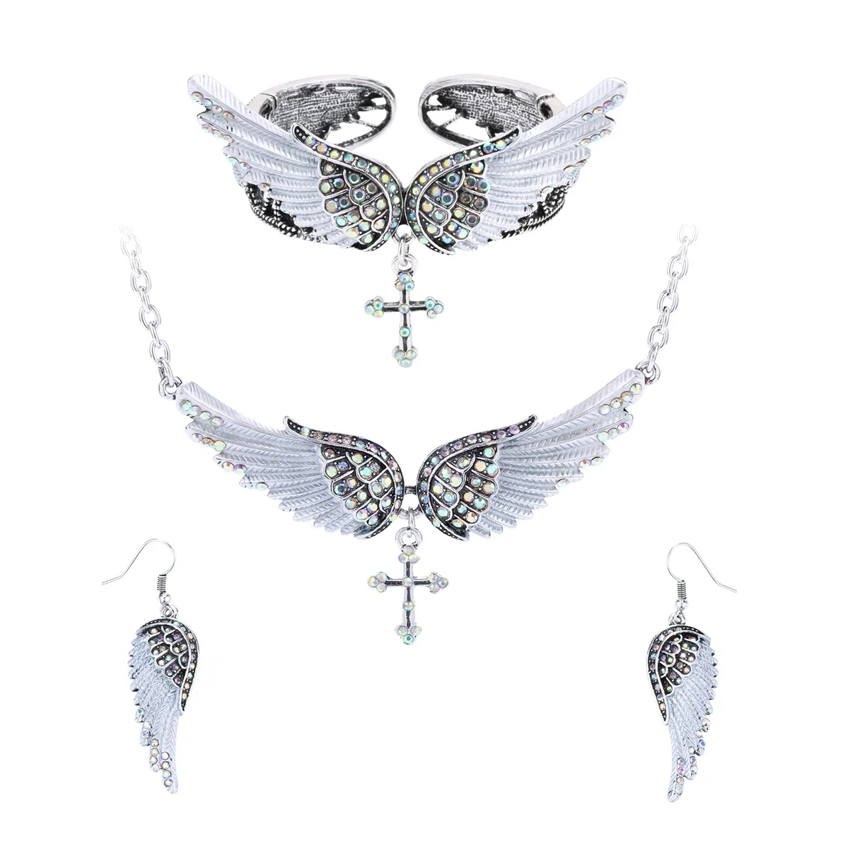 silver AB crystal Yacq Крыло ангела крест цепочки и ожерелья Серьги Браслет Набор для женщин Байкер ювелирные изделия подарки на день рождения ее мама, жена, девушка дропшиппинг - Окраска металла: silver AB crystal