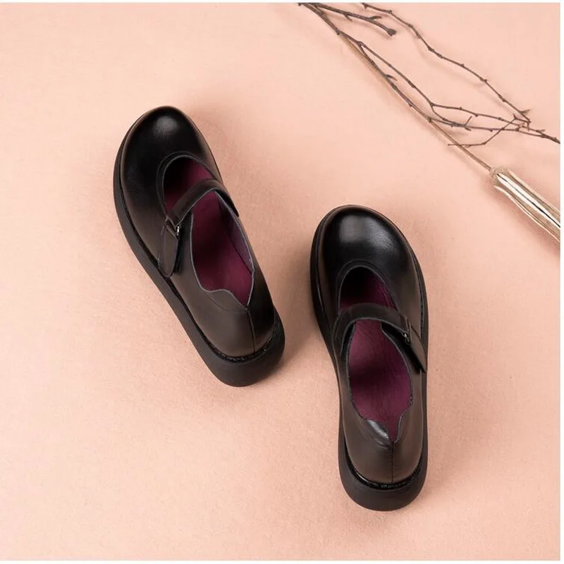 RUSHIMAN Flat Platform Woman Shoe Handmade Genuine Leather Flats literary vintage Soft Comfortable Shoes For Women Ladies Shoes