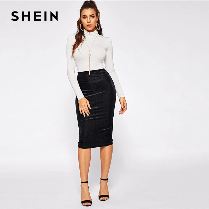 SHEIN черная эластичная резинка на талии, в рубчик, однотонная, до колена, средняя талия, облегающая юбка-карандаш, для женщин, осенняя, элегантная, офисная, для девушек, юбки