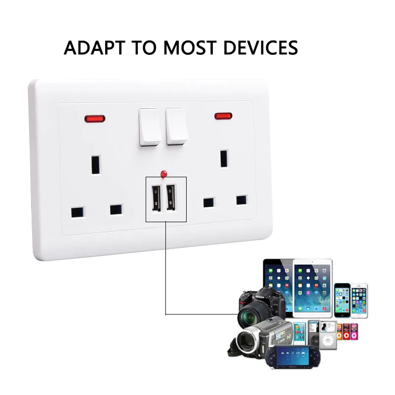 Многофункциональная электрическая настенная розетка с 2 usb-портами для зарядки телефона, AC 250 В, английская стандартная вилка с двумя кнопками, led