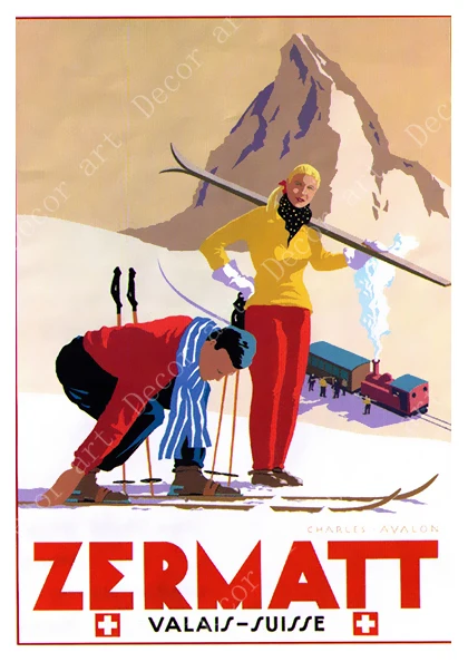 Лыжный Отдых в Zermatt Switzerland Лыжный спорт Винтаж Ретро Путешествия классический холст живопись крафт настенные плакаты стикеры домашний декор семейный подарок