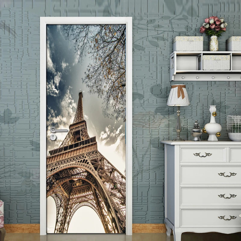 

3D Paris Tower Door Sticker Creative DIY Home Decor Decals Self-adhesive Wallpaper Waterproof Door Mural Bedroom Door Renovation