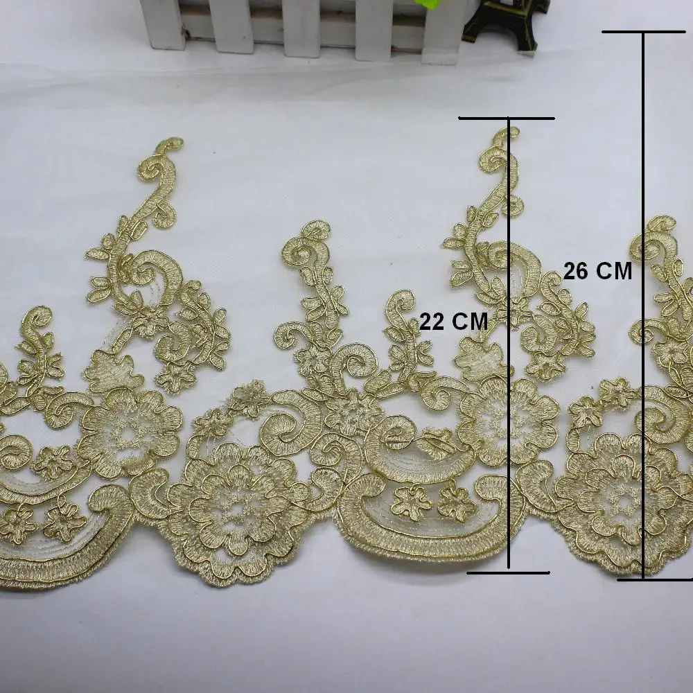 Champagne Gold 26CM Золотая вышитая кружевная ткань для свадебного платья, самодельная одежда, аппликация цвета шампанского, Золотая кружевная отделка, зубчатые свадебные пояса 13 см-32 см - Цвет: Champagne Gold 26CM