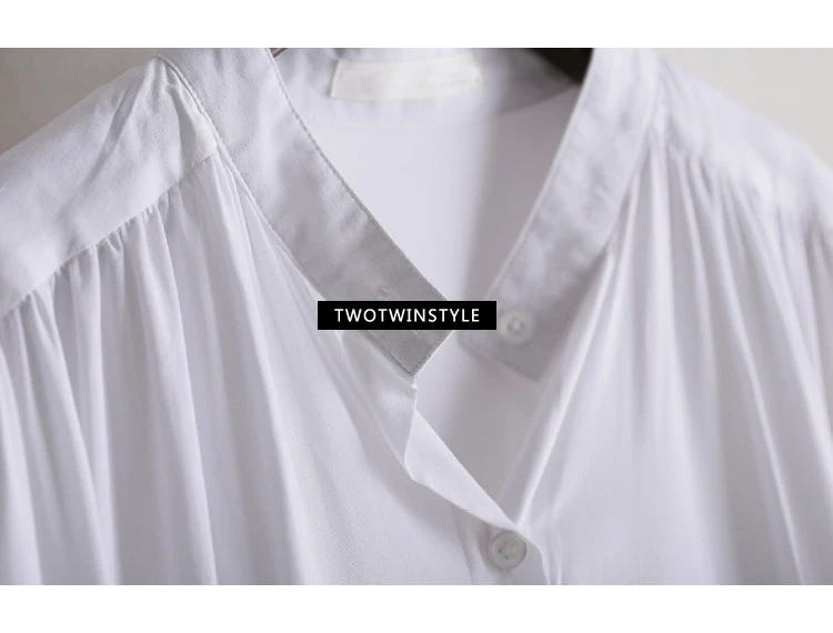TWOTWINSTYLE сплит длинная рубашка Женский Стенд воротник фонарь рукав Ruched Белый Большой размер OL Блузка Весенняя Модная элегантная одежда