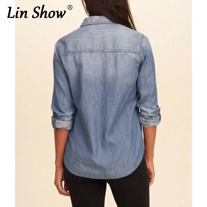 LINSHOW Джинсовые Блестки Женщины Блузки С Длинным Рукавом Нагрудные Твердые