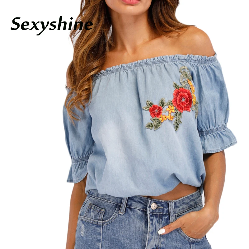 Женская джинсовая Блуза с цветочным принтом эластичная блузка открытыми плечами