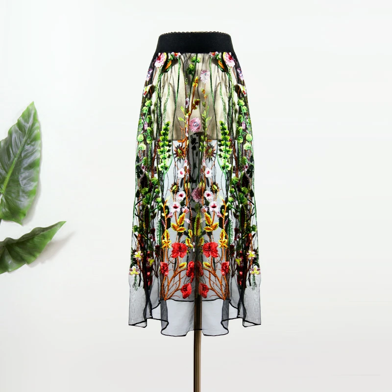 

Юбка женская кружевная сетчатая с цветочной вышивкой, пикантная винтажная Элегантная универсальная Прозрачная Черная трапециевидная юбка